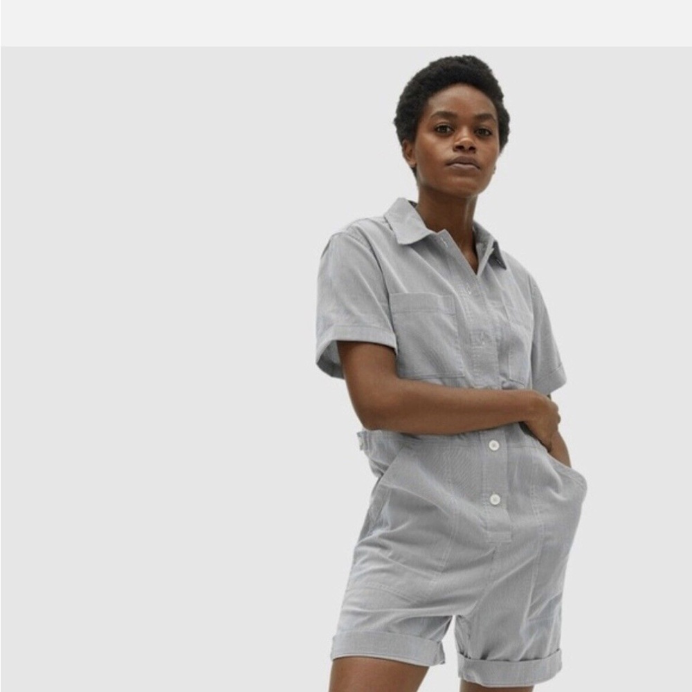 Everlane Gray Striped Short Sleeve Cotton Romper